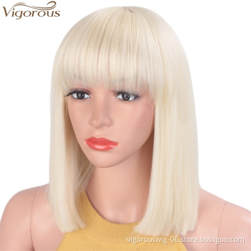 Vigorous Cosplay Blonde Synthetic Bob Wigs With Flat Neat Bangs Short Straight Wigs for Women Heat Resistant Cosplay Daily Use